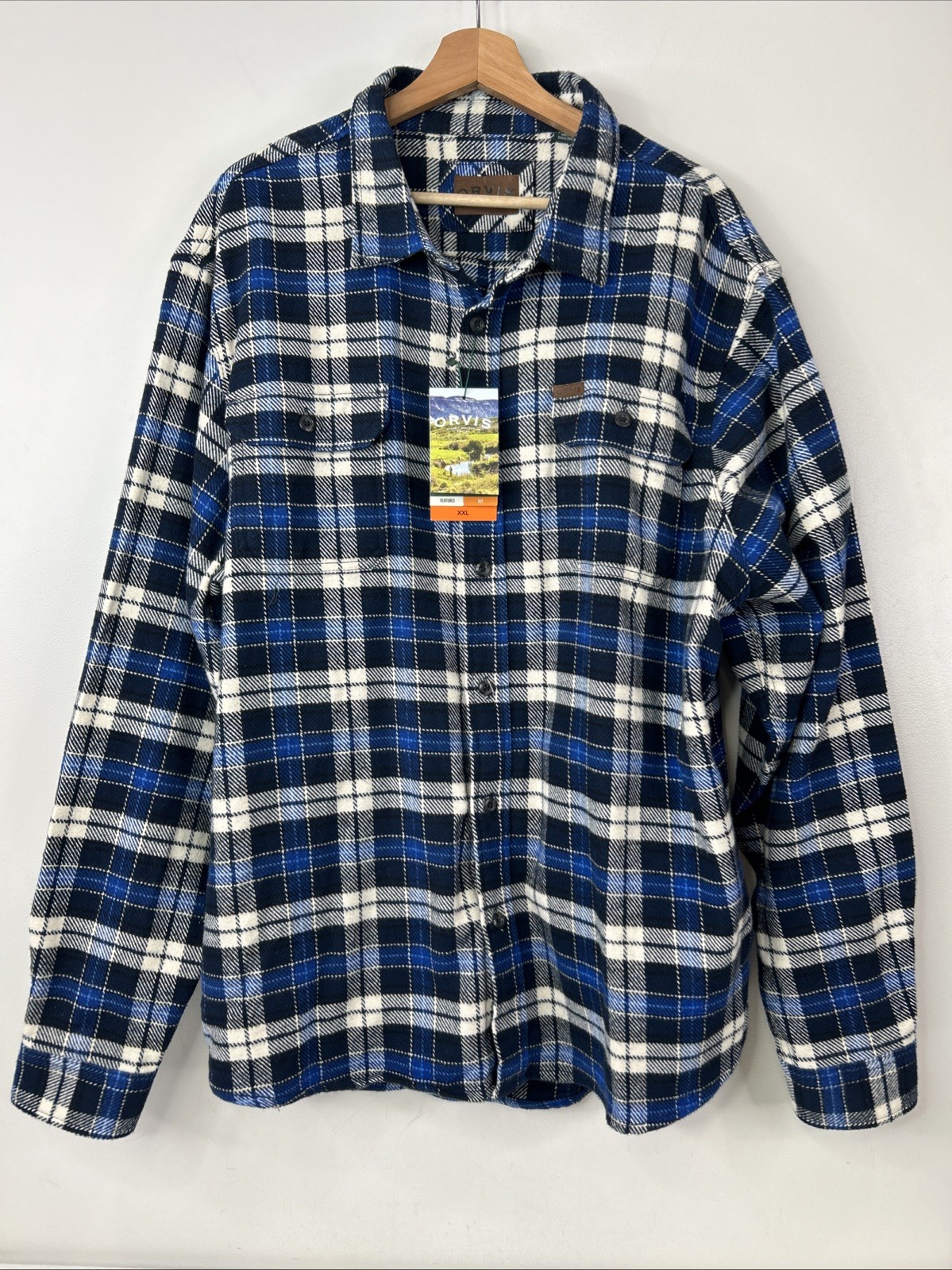 Orvis Mens XXL Blue White Plaid Flannel Pockets Heavyweight Outdoor Shirt Jacket