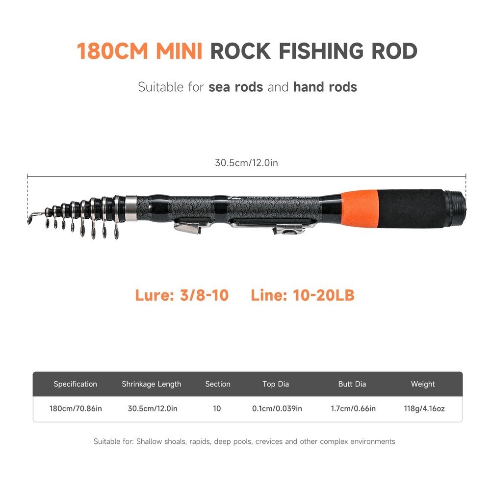 For MINI Fiberglass Sea Rod 30.5cm to 180cm Portable Rock Fishing Tool