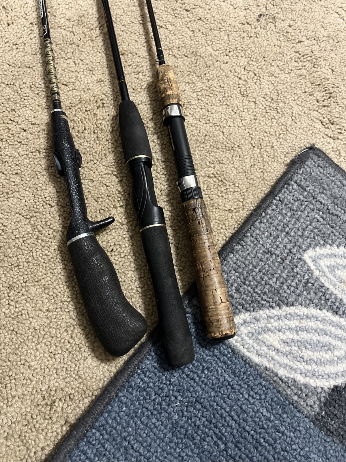 3x Fishing poles – Shimano SMS-56UL, Daiwa MC-38, & South Bend EliteES-201