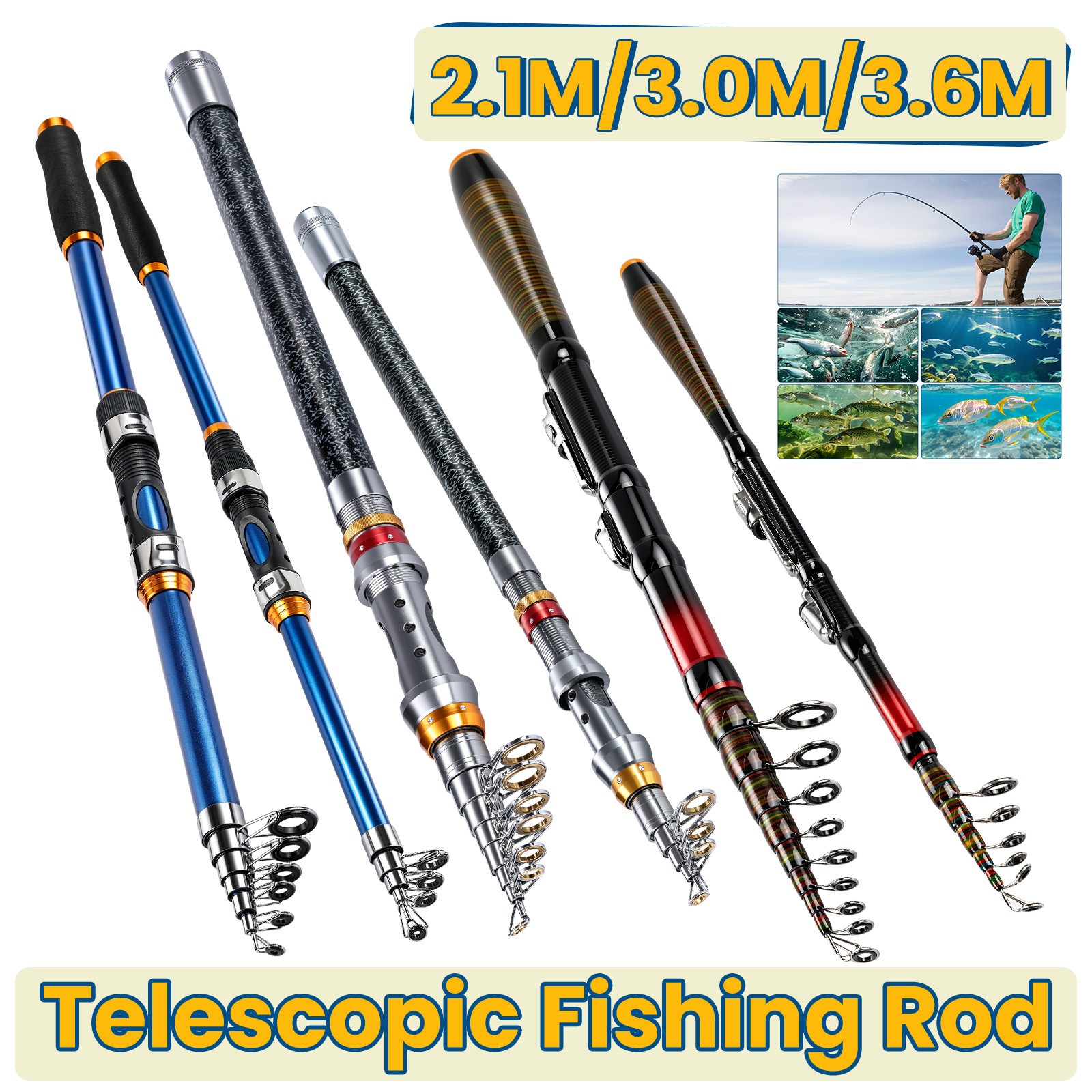2.1-3.6M Carbon Fiber Telescopic Fishing Rod Pole Sea Saltwater And Freshwater
