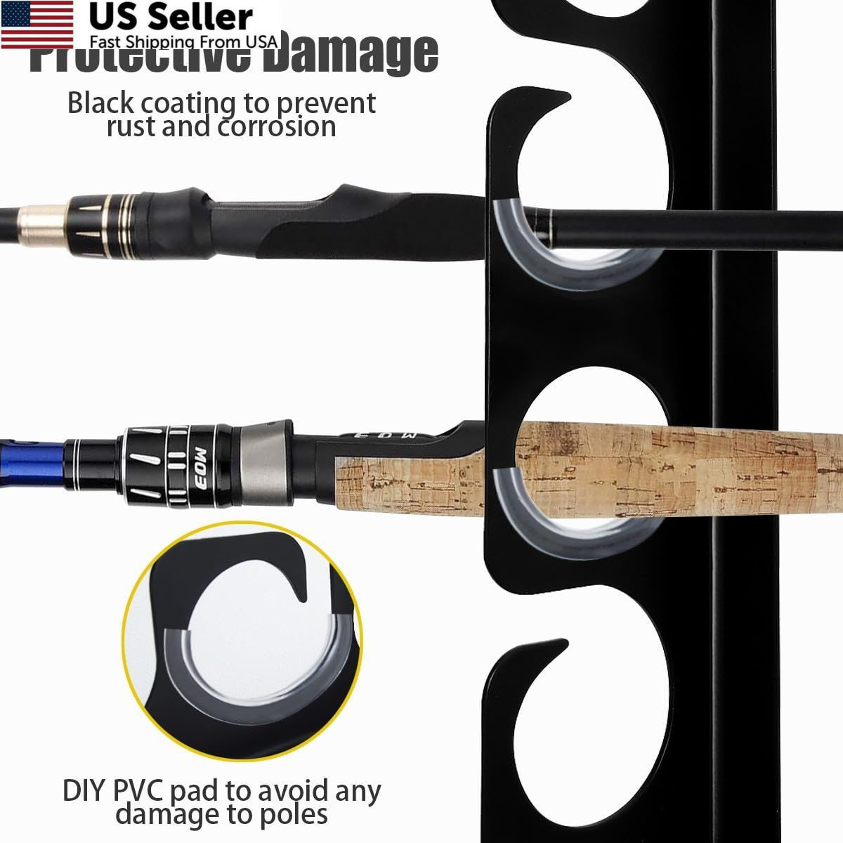 Fishing Rod Rack Pole Wall or Ceiling Storage Holder Hook Keeper Large, Black