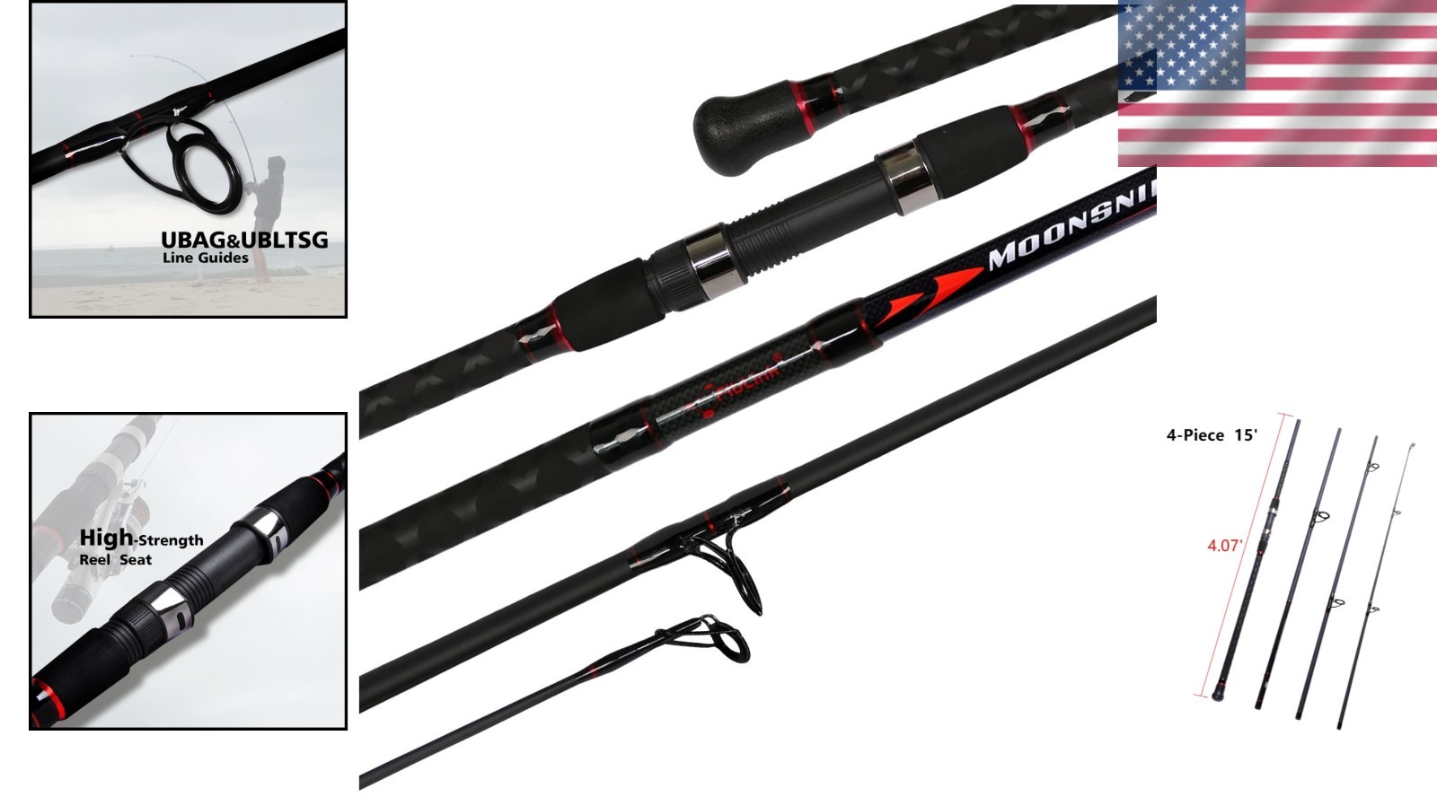 4-Piece Graphite Travel Fishing Rod – 15′ Surf Spinning Rod