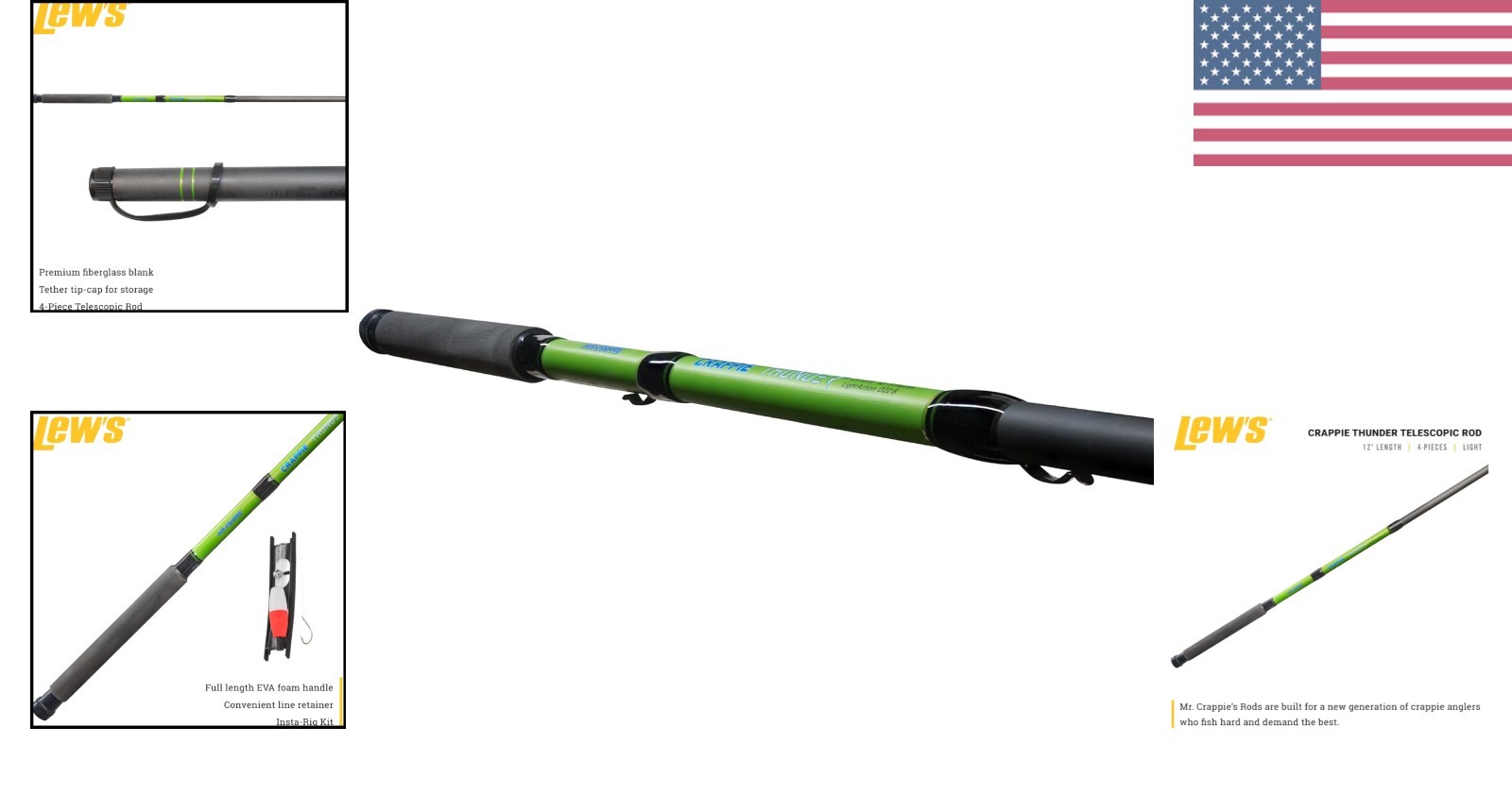 Crappie Thunder Telescopic Fishing Rod, Light Power, Fast Action, Fiberglass…