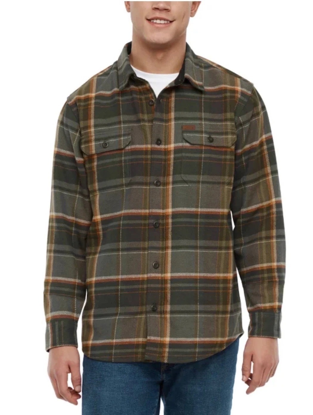Orvis Men’s XL Green & Orange Plaid Flannel Button-Up Shirt Jacket G1947