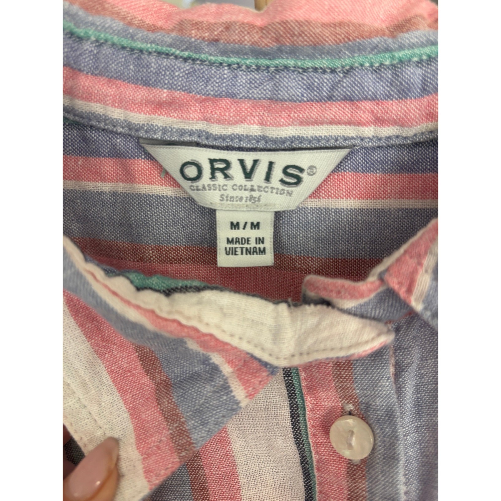 Orvis Classic Collection Multicolor Stripe Linen Blend SS Button Down Shirt M