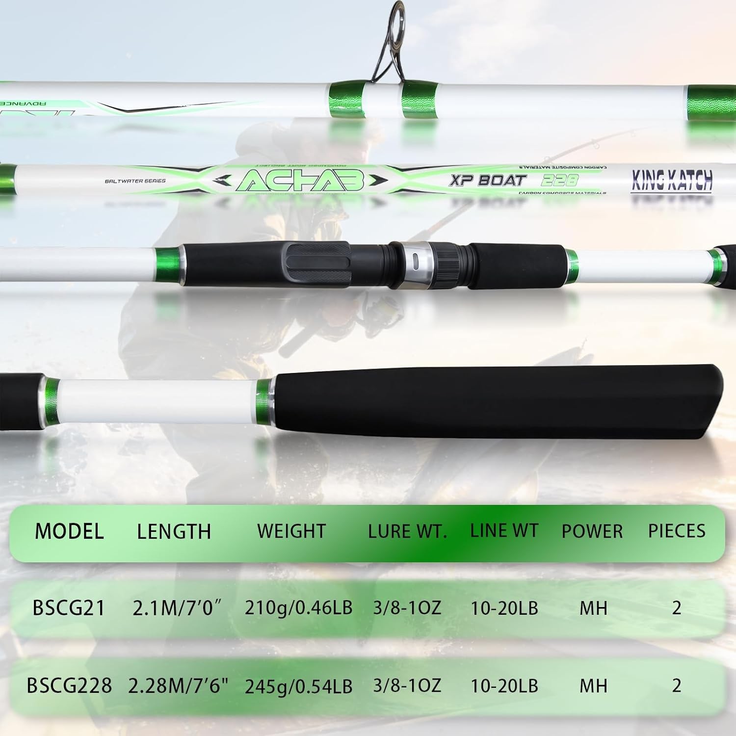 7’0″ White & Green Spinning Fishing Rod Carbon Graphite Boat & Inshore Rod Solid