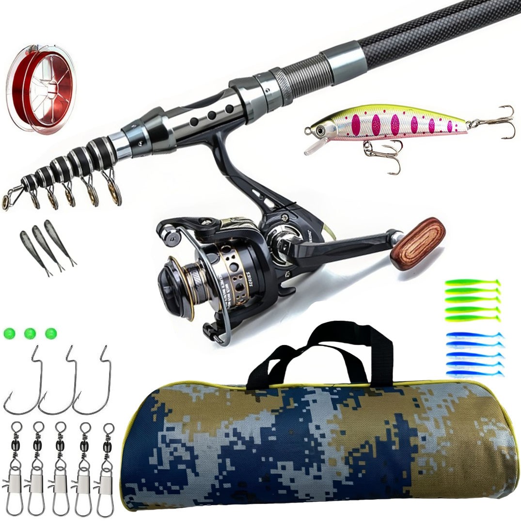 Carbon Fiber Telescopic Fishing Rod Pole Reel Combo Sea Saltwater Freshwater