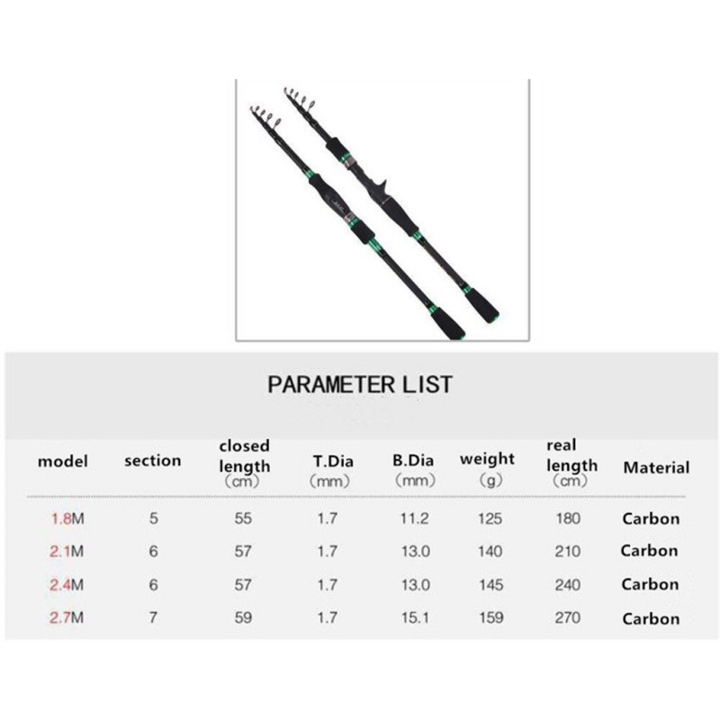 1.8M-2.7M Telescopic Fishing Rods Carbon Fiber Ultralight Spinning Casting Rods