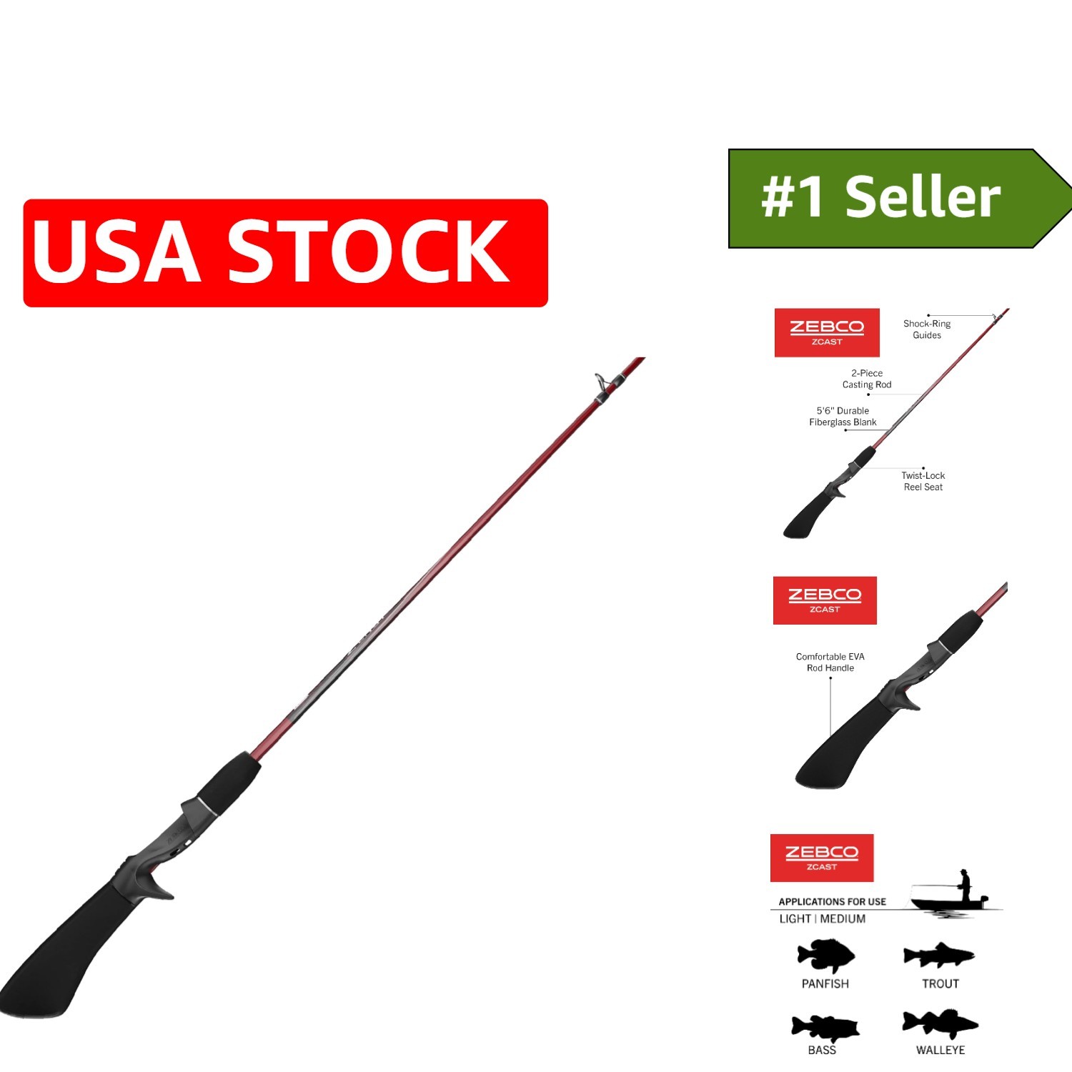 Z-Cast 5’6″ Medium-Light Casting Fishing Rod with Comfortable EVA Grip