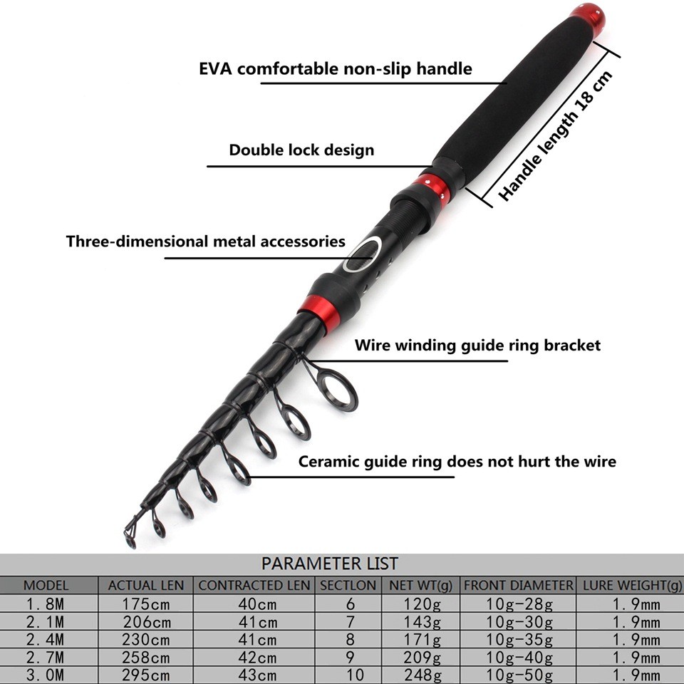 1.8-3.0M Carbon Fiber Telescopic Fishing Rod Pole Sea Saltwater Freshwater New