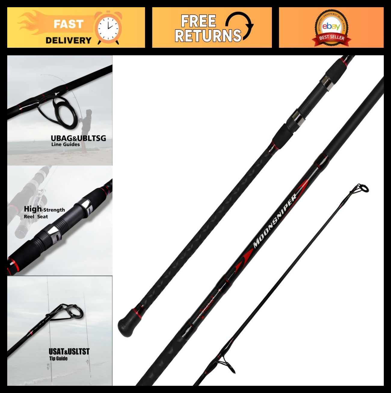 Lightweight Graphite Travel Surf Spinning Fishing Rod – 2-Piece/4-Piece Design