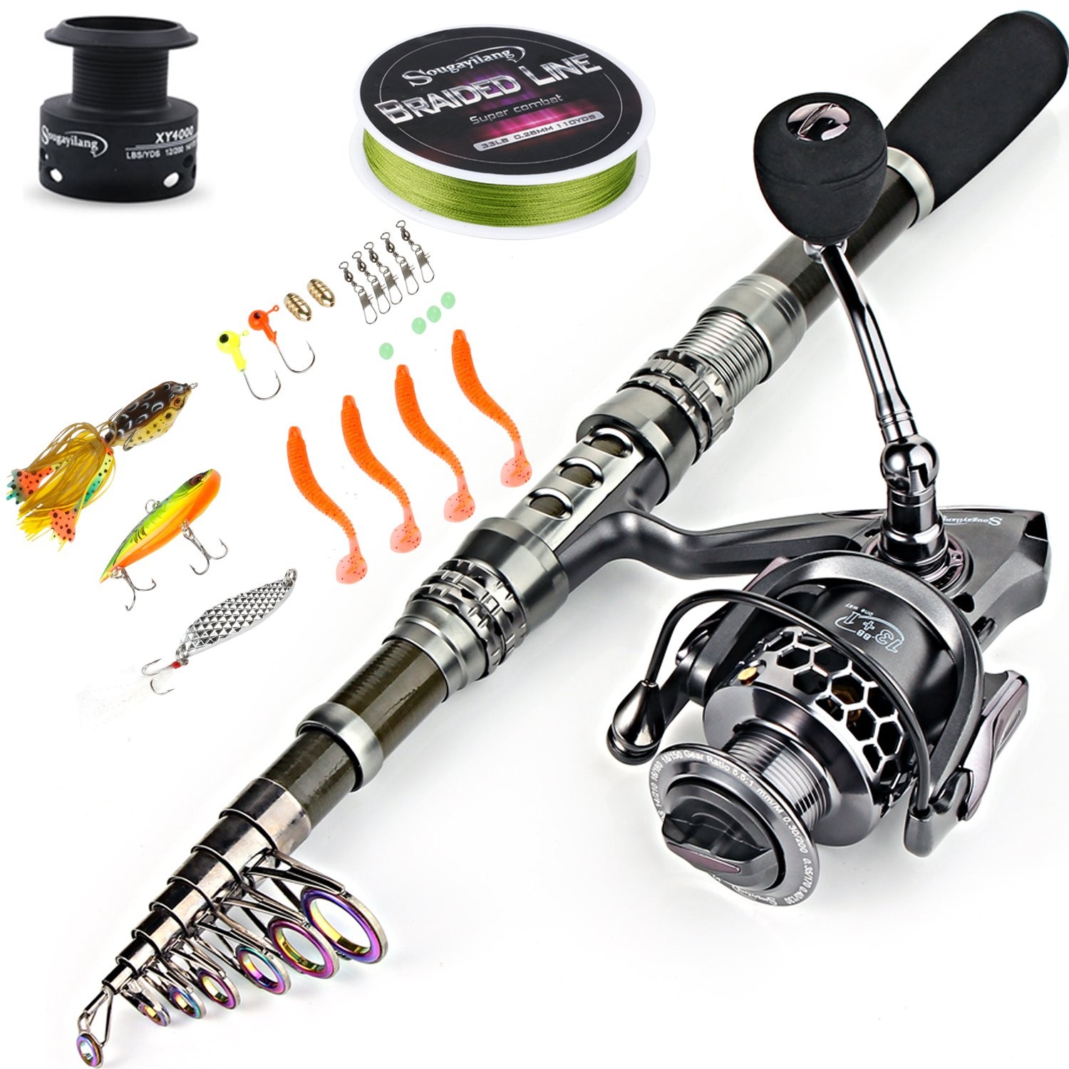 Sougayilang Telescopic Fishing Rod Combo Spincast Reel Travel Bag Lures Line