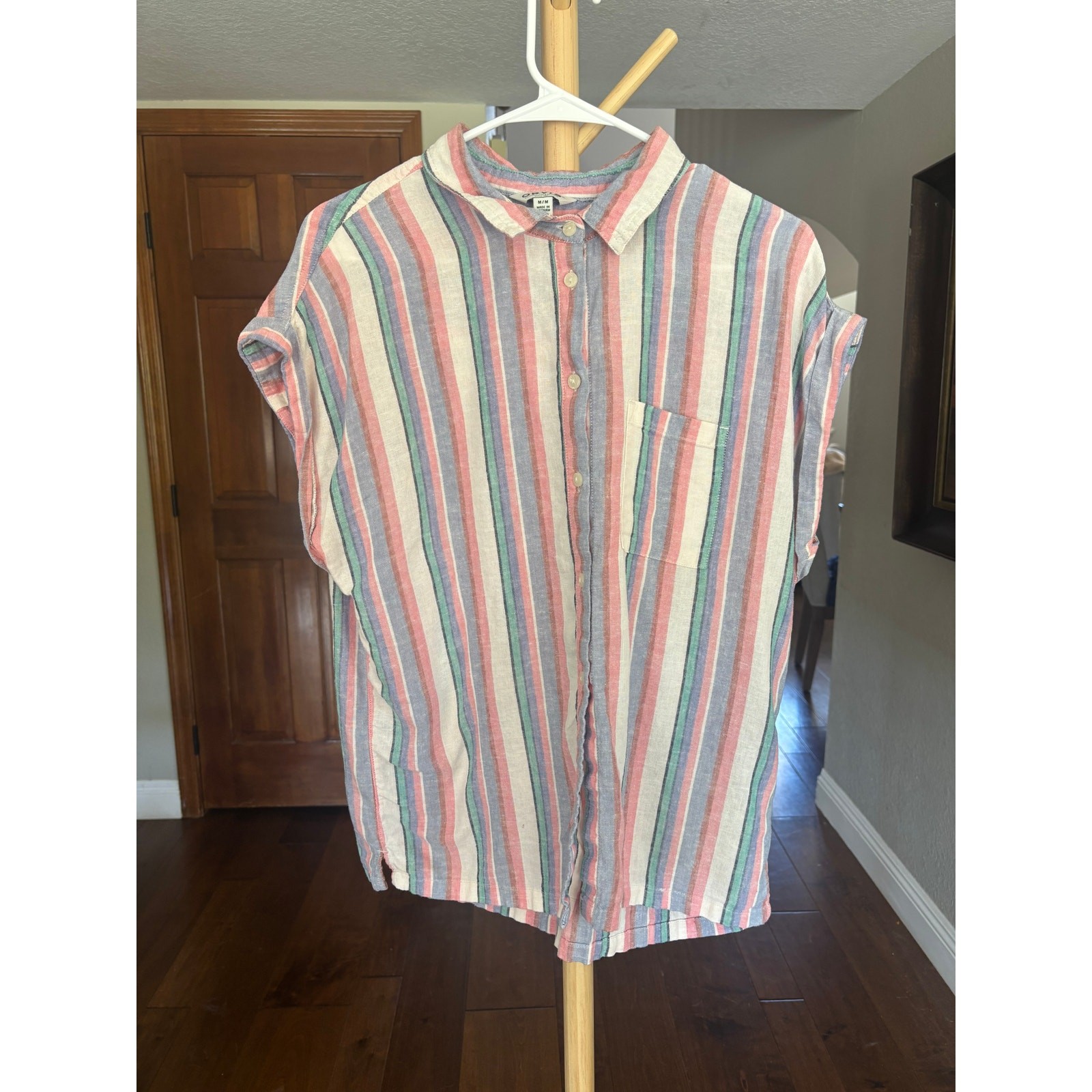 Orvis Classic Collection Multicolor Stripe Linen Blend SS Button Down Shirt M