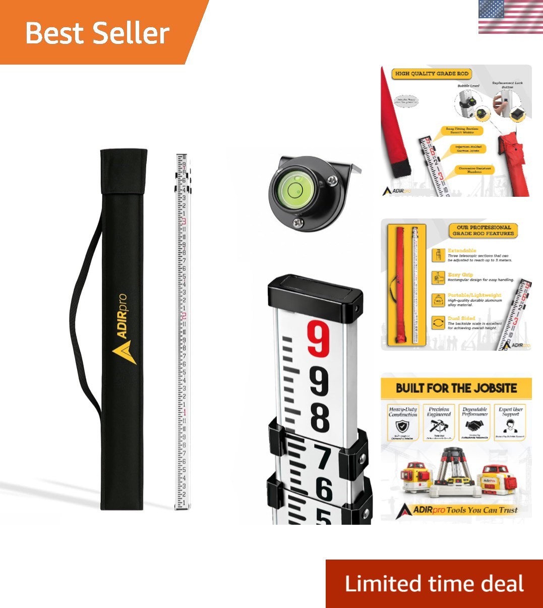 Dual-Sided 9ft Leveling Rod with 8th Foot Graduations & Carrying Case Included