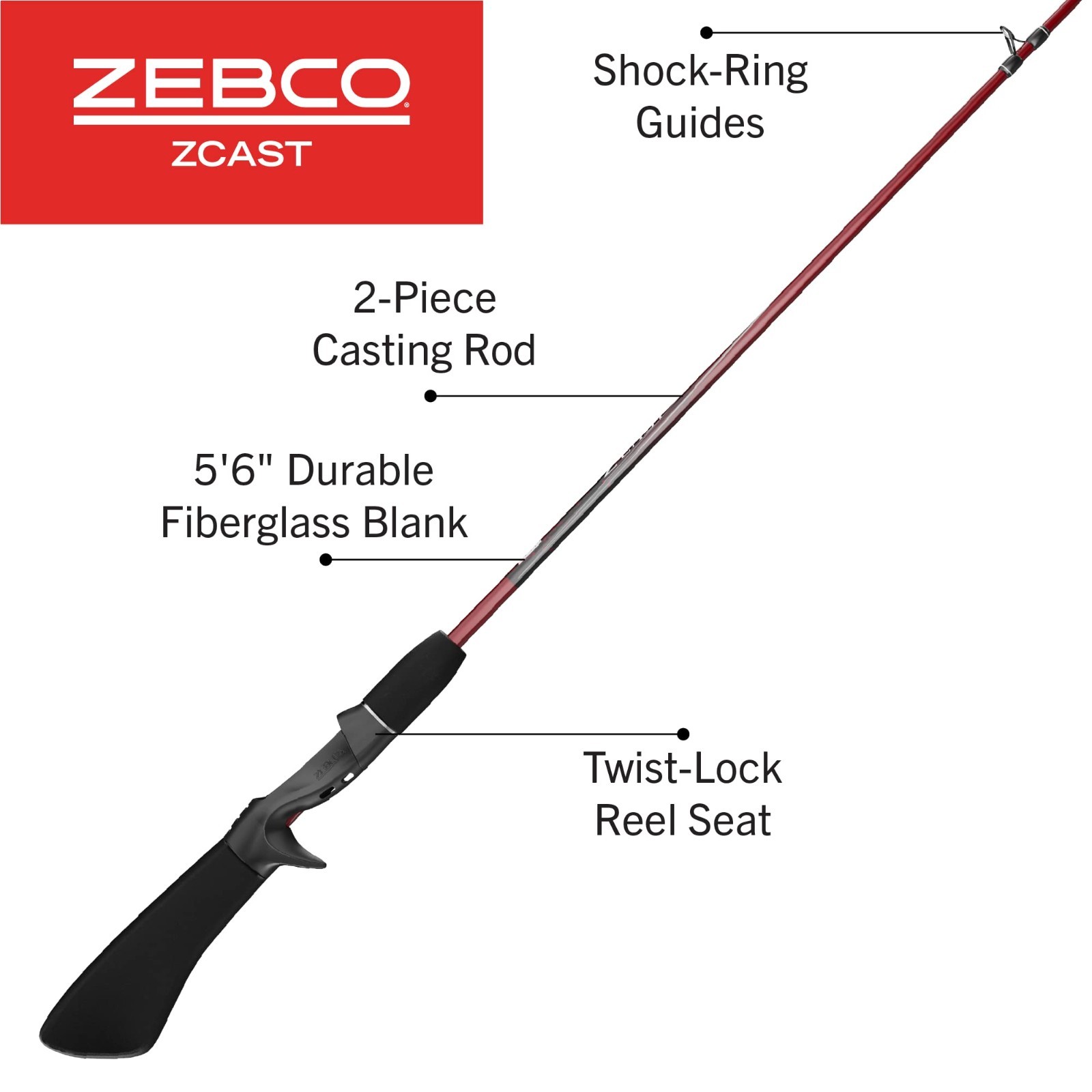 Durable 2-Piece Casting Fishing Rod, EVA Handle, Shock-Ring Guides, Z-Glass Pole