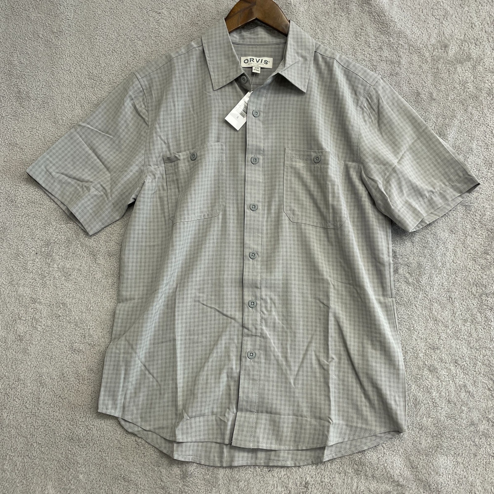 NEW Orvis Men’s S Short Sleeve Tech Shirt Gray Plaid UPF 30+ Outdoor Short Sleev