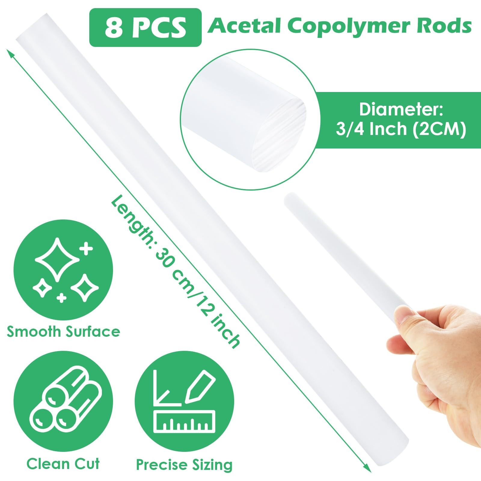 8 PCS White Plastic Rods 3/4 Inch Round Acetal Copolymer POMC 12 Inch Long