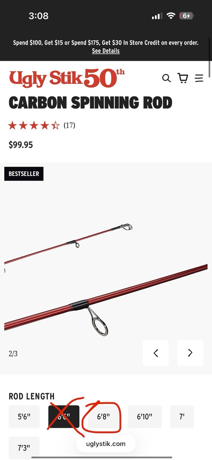 Ugly Stik Carbon Spinning Rod 6’8″ Medium Medium Fast 6-12lb 1/8-1/2oz