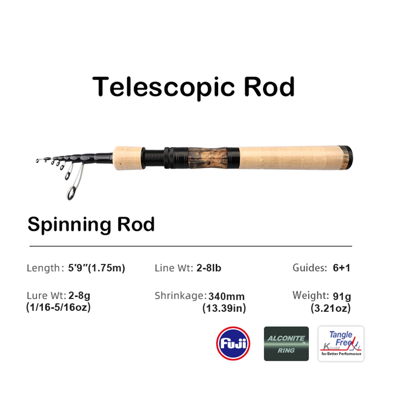 PURELURE Telescopic 1.75m Spinning Travel Portable Lightweight Lure Fishing Rod