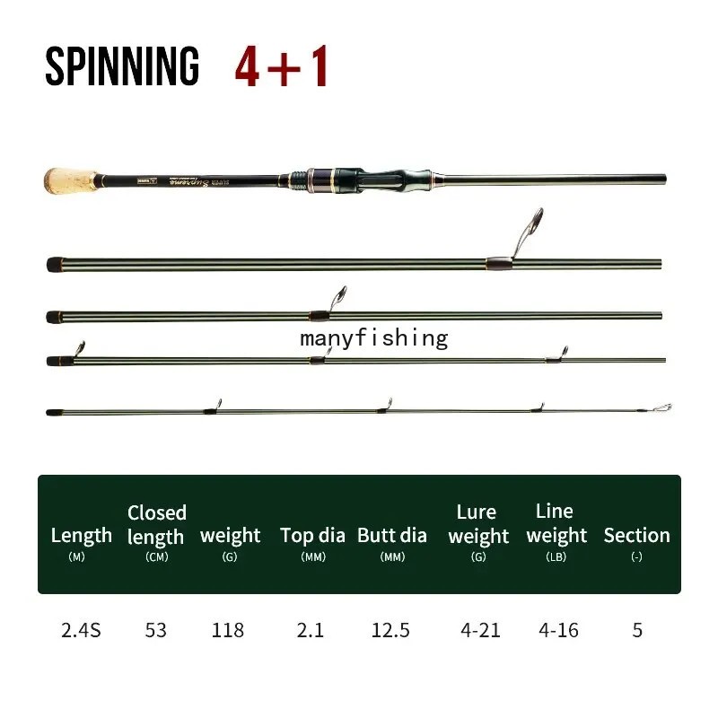Travel Fishing Rods 1.83M 2.1M 2.4M Carbon Fiber Spinning Casting Pole 4-16LB