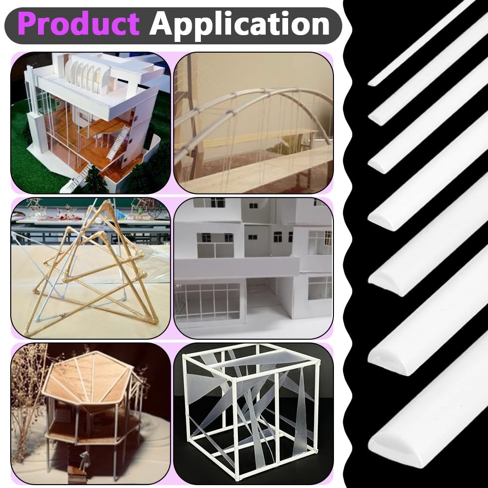 ABS Plastic Half Round Bar Rods 56 Pcs 7 Styles Solid Acrylic Dowel Model DIY