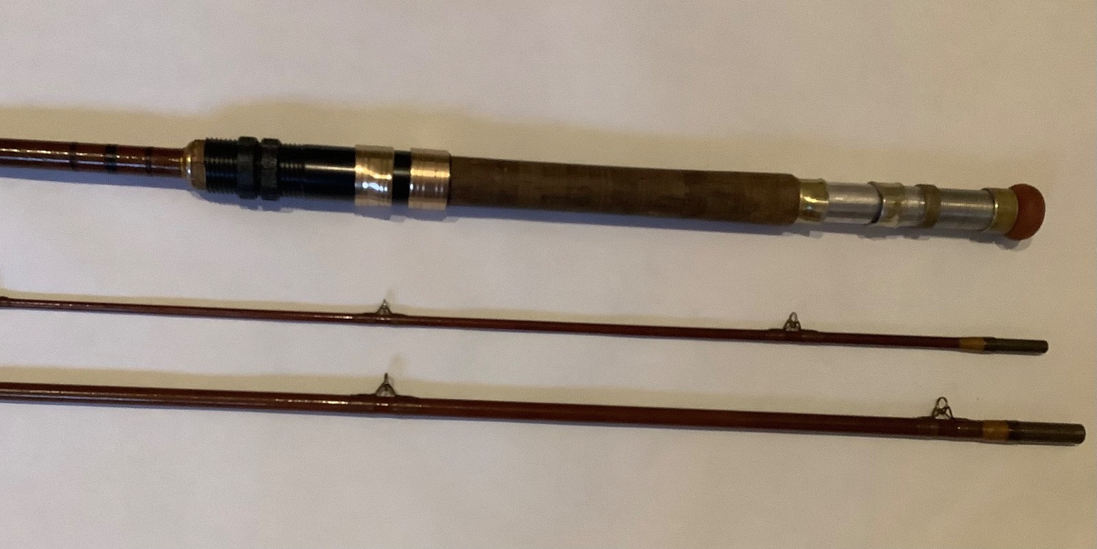 12 ft /Vintage fibreglass fishing rod in 3 pieces w/cork handle & cloth bag