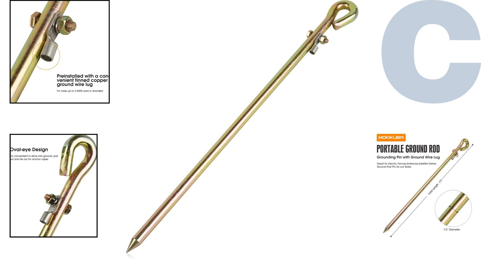 Compact Ground Rod with Preinstalled Copper Lug – Perfect for Outdoor Equipment