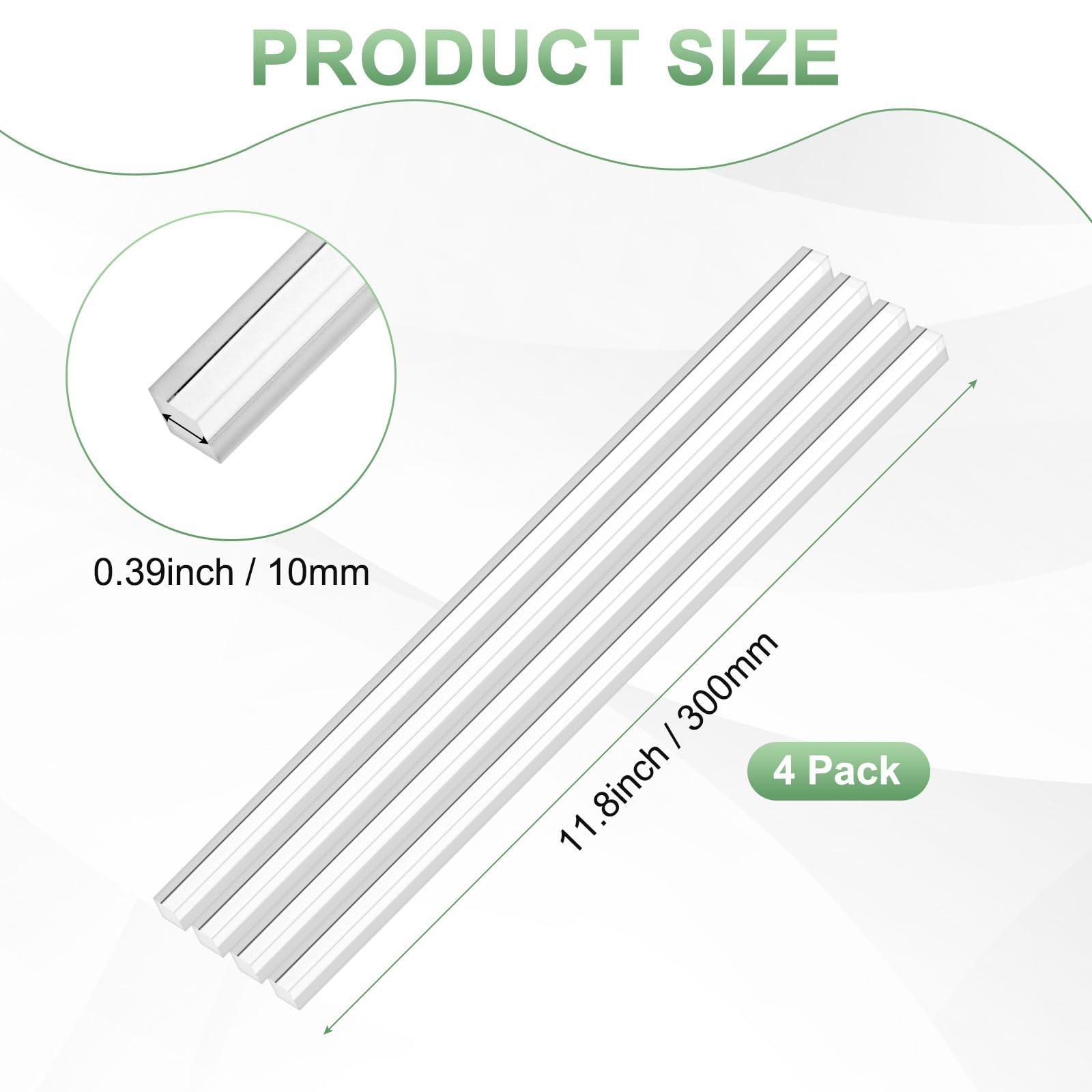 4 PCS Clear Acrylic Square Dowel Rods Plastic Stick 11.81×0.39 Inch 300x10mm