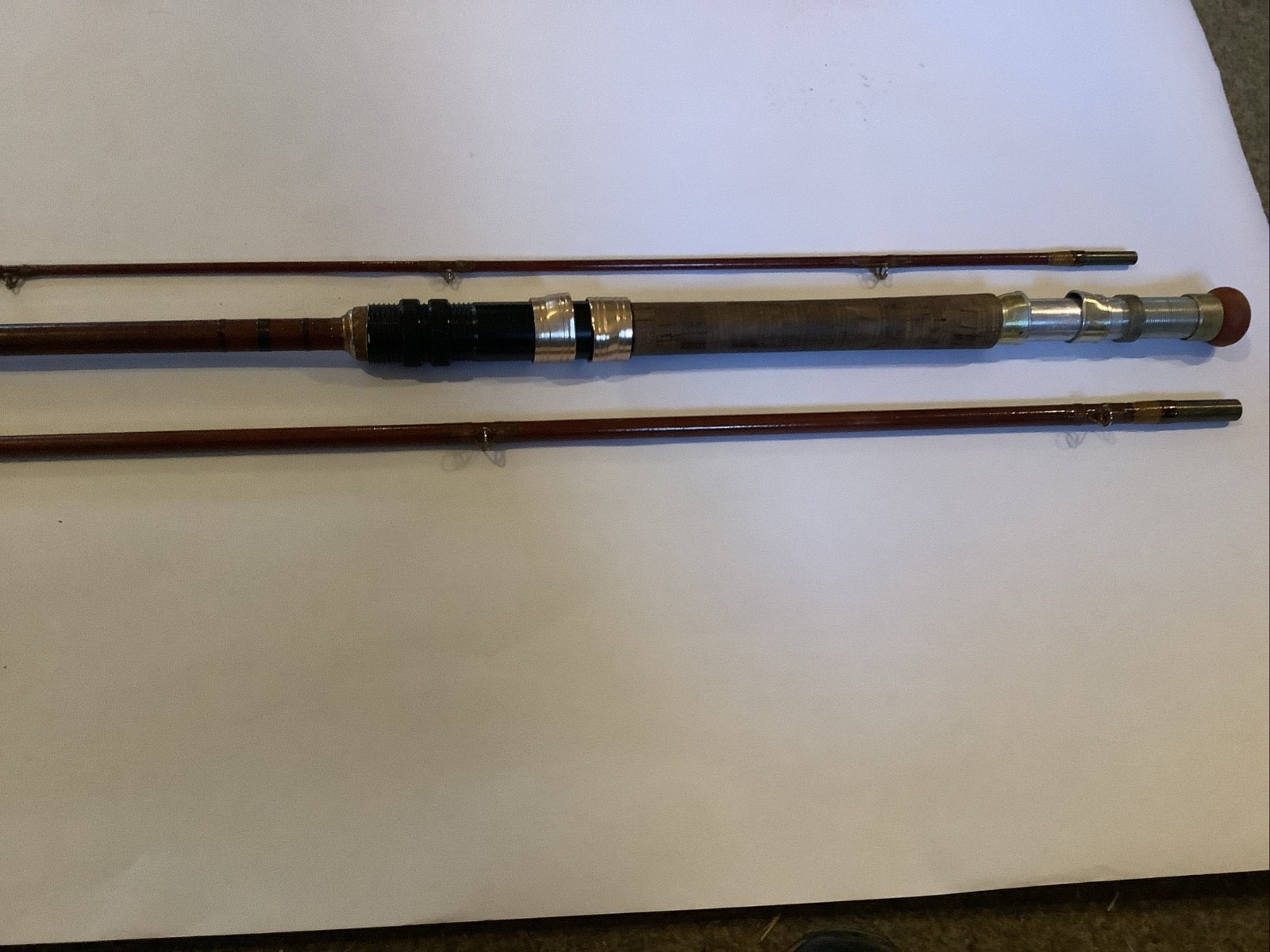 12 ft /Vintage fibreglass fishing rod in 3 pieces w/cork handle & cloth bag
