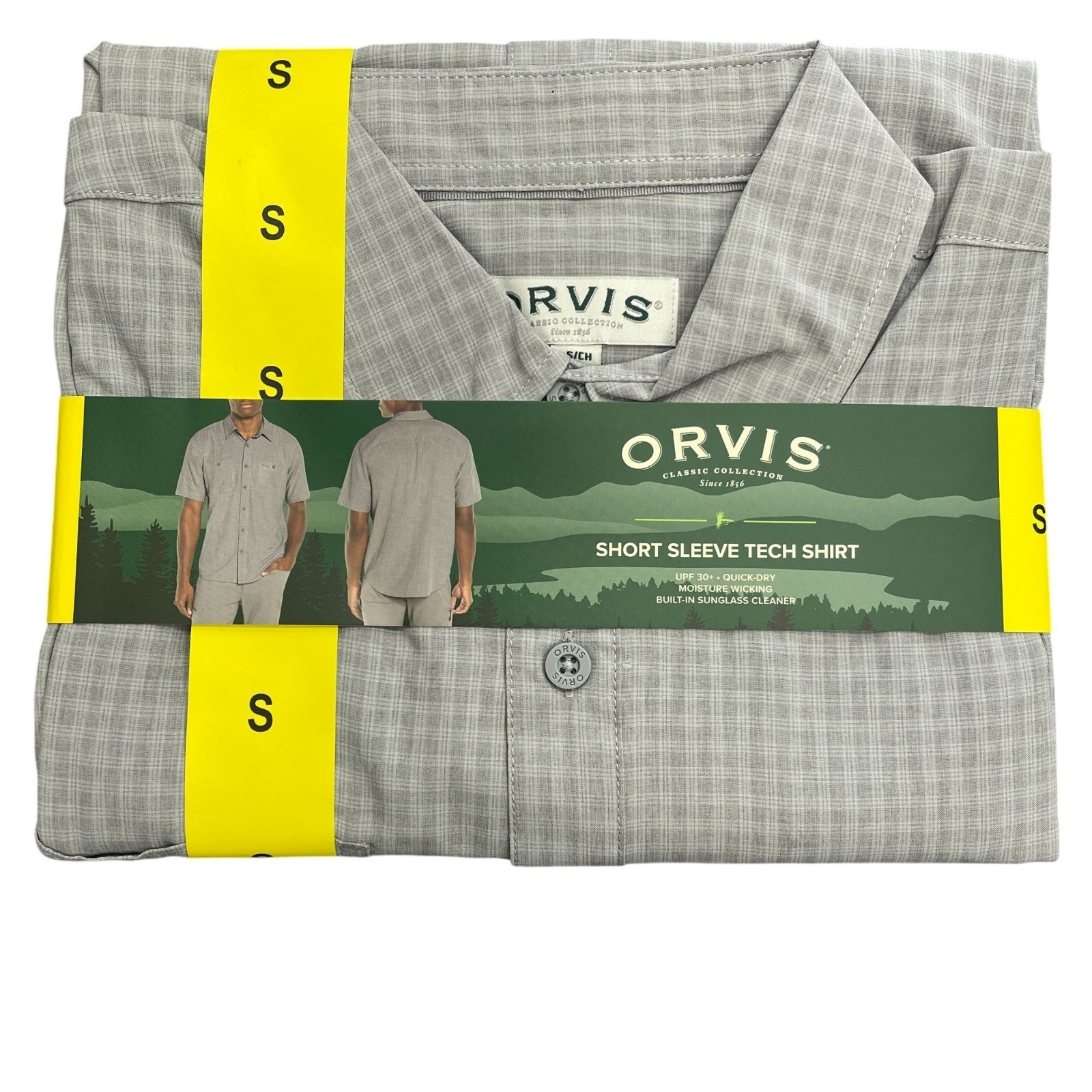 NEW Orvis Men’s S Short Sleeve Tech Shirt Gray Plaid UPF 30+ Outdoor Short Sleev