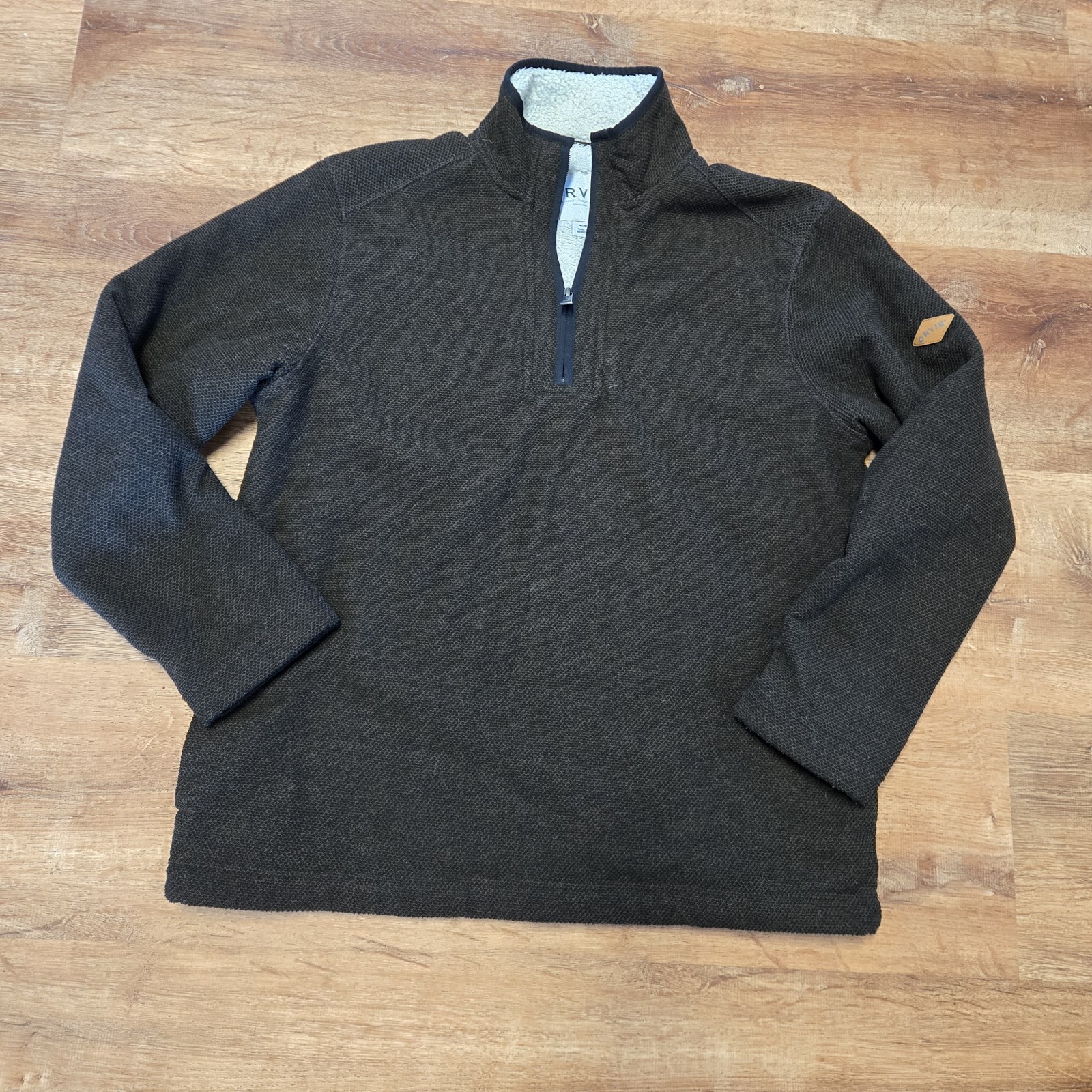 Orvis Men’s Dark Brown Quarter Zip-Up Sweater Sherpa Lined Medium