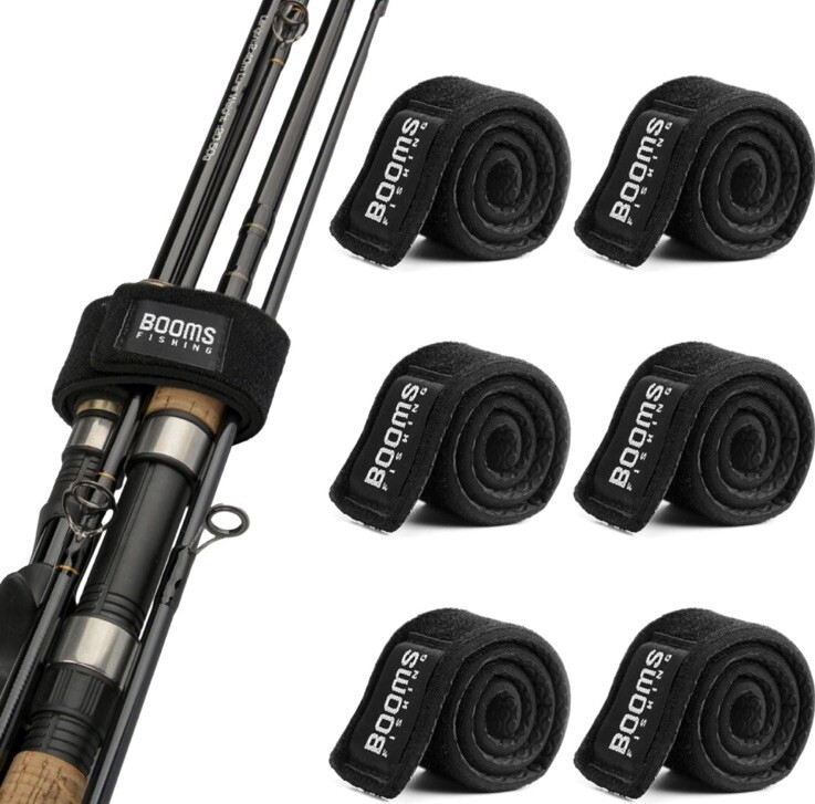 6 PCs Booms Fishing RS3 Fishing Rod Wrap Pole Strap Hook & Loop Black
