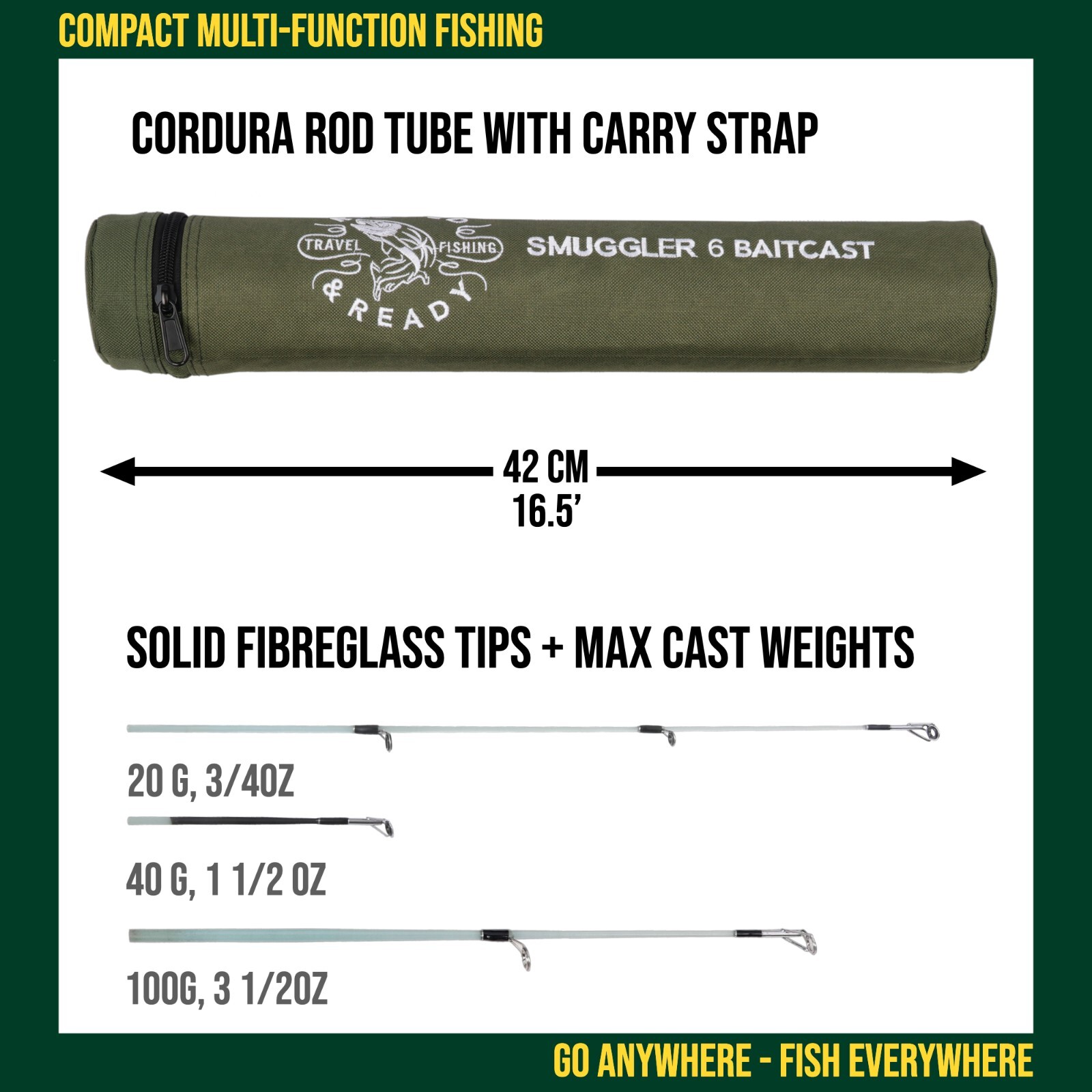 Smuggler 6 Baitcast Compact Travel Fishing Rod & Case 7’ -Spin,General Fishing