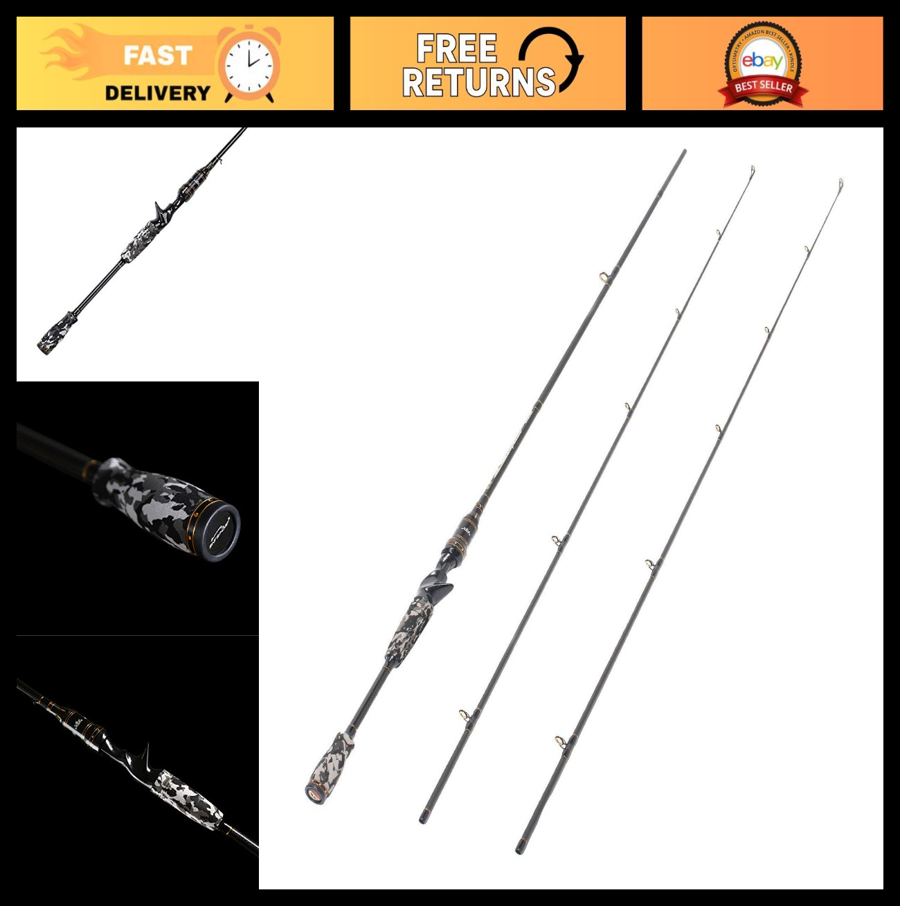 Camo 2-Piece 7ft Casting Rod – 24 Ton Carbon Fiber Baitcaster, Medium & Heavy Ti