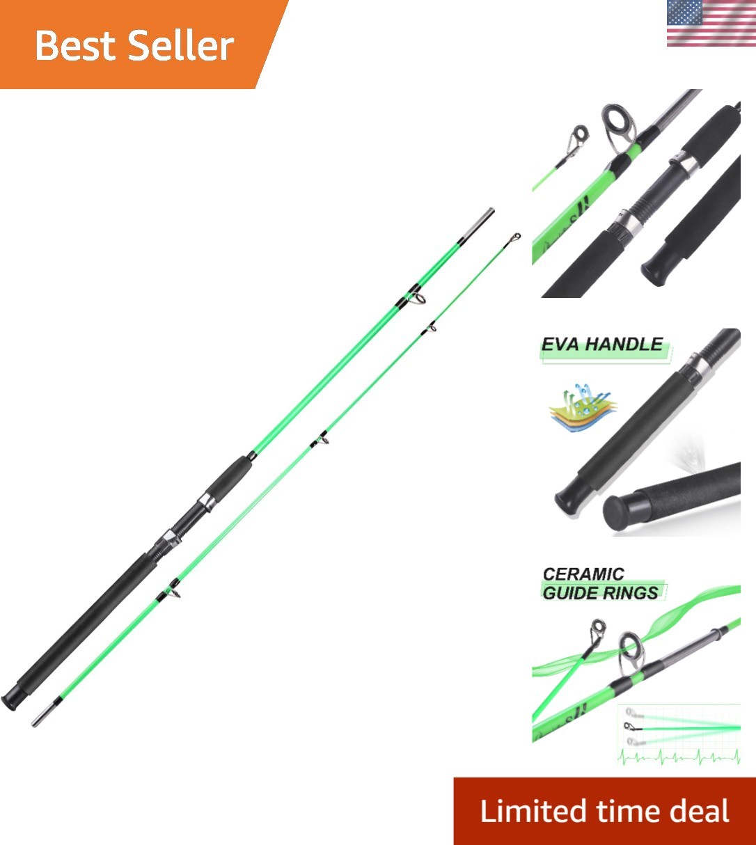 2-Piece Graphite & Glass Fishing Rod | Saltwater Spinning for Catfish & Salmon