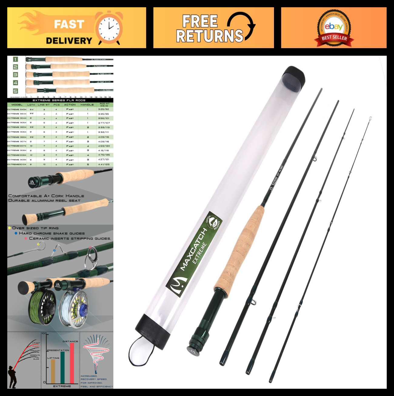 9ft 4-Piece Graphite Fly Fishing Rod IM6 Carbon Blank, Cork Grip, Hard Chromed G