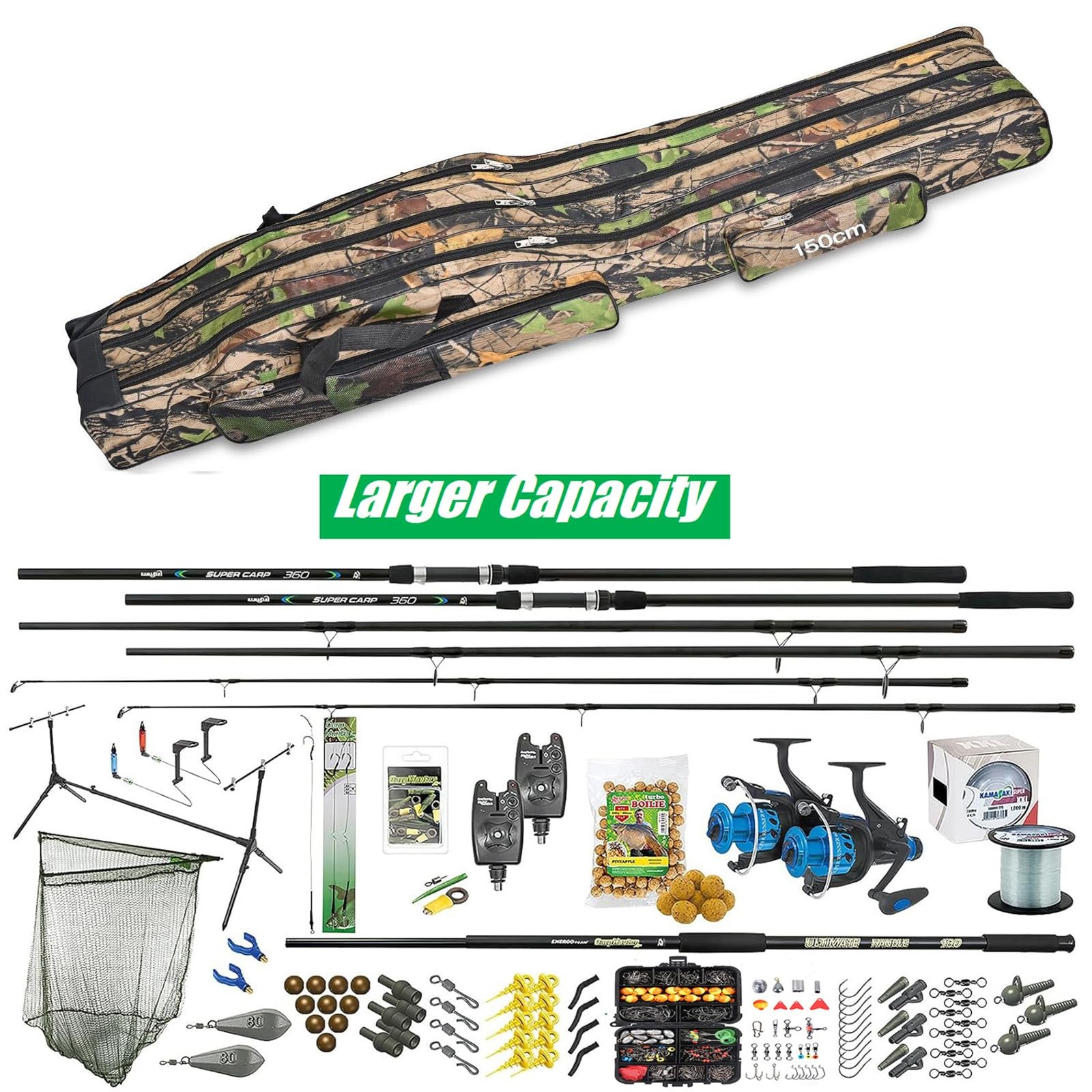 Srempeom 3-Layer Fishing Rod Bag, Oxford Folding Carry Case, Reel Tackle Storage