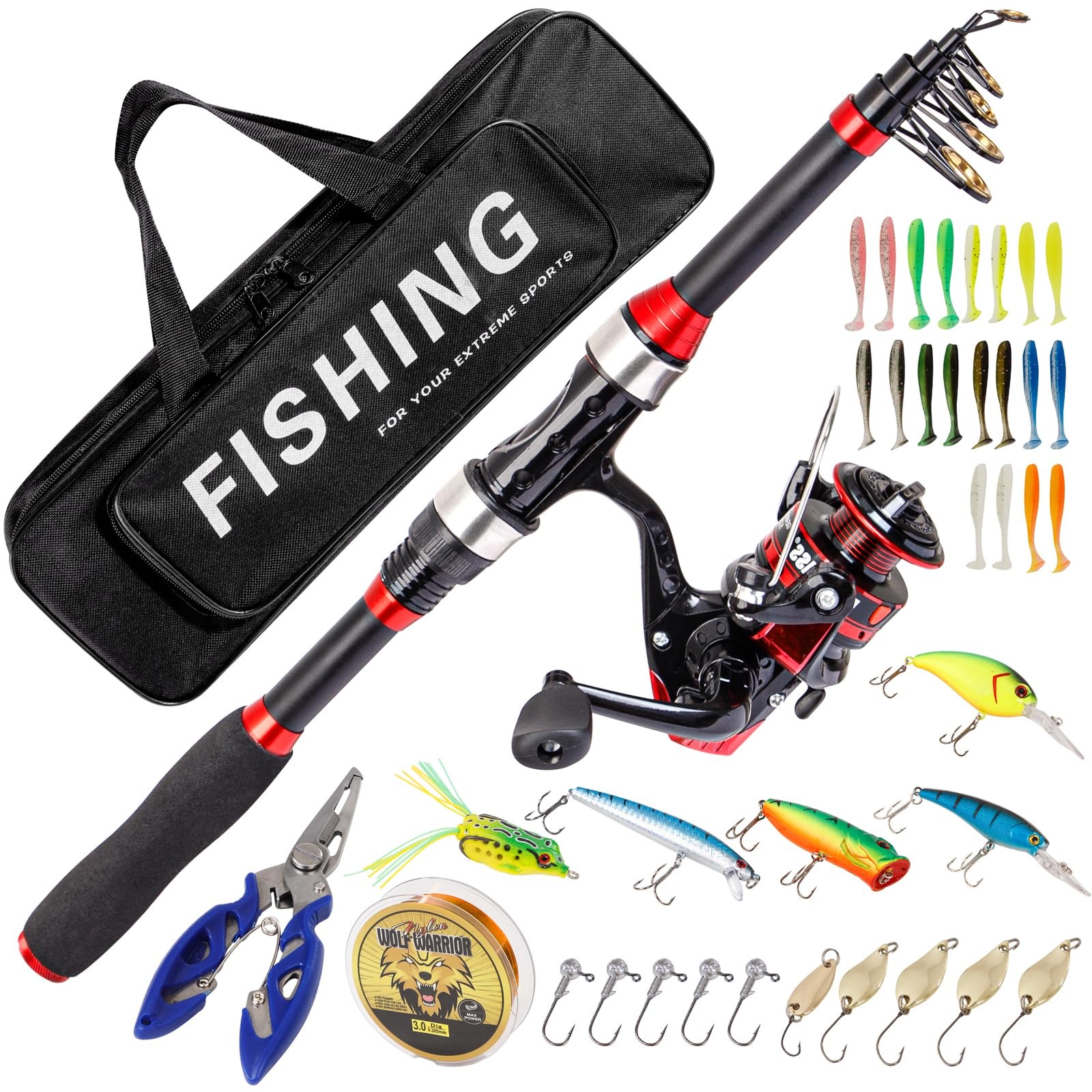 I00000 Black/Red 5.9ft Fiberglass Telescopic Fishing Rod & Reel Combo Kit